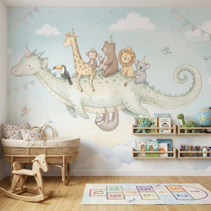 Décoration murale amovible de chambre d'enfant pastel Flying Dragon, 120 po x 96 po, Peler et coller