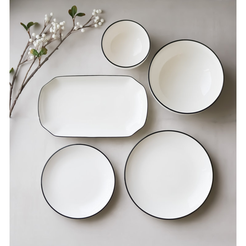 "The Minimalist Collection" White with Black Trim - Five Piece Dinnerware Set