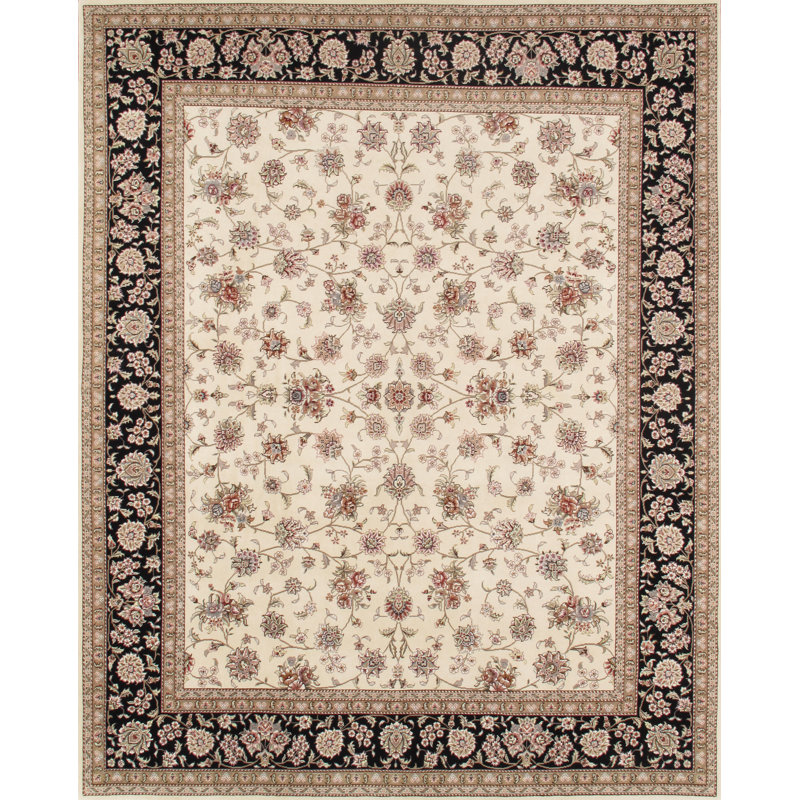 Tapis ivoire / noir en laine et soie noué à la main 8 pi x 10 pi Baku