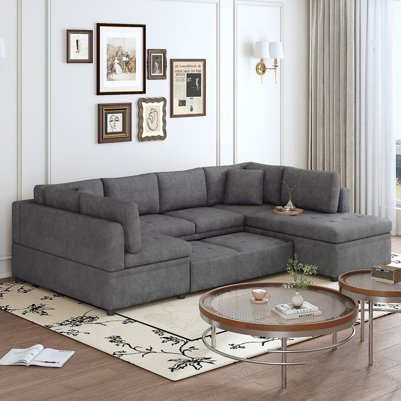 Canapé-lit modulaire en chenille gris en U avec 2 coussins décoratifs, Gris