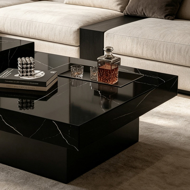 Table basse élégante avec plateau en ardoise et design minimaliste luxueux, 15.74" H x 31.49" L x 31.49" W, Black