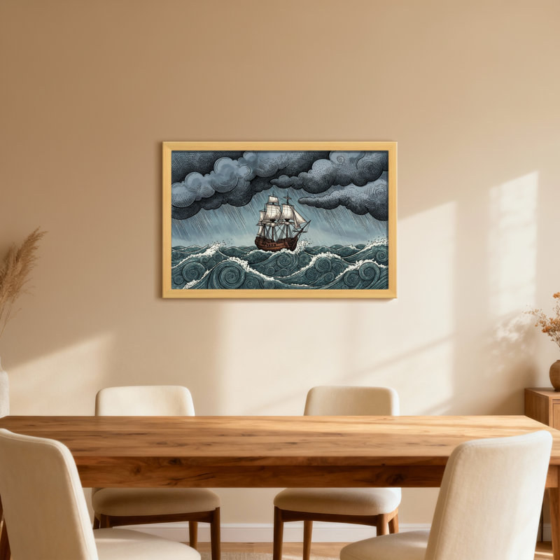 Mer orageuse, bateau, voile, vagues, nuages, pluie, vent, océan, H 12 po x l 18 po, Light Wood Grain, Cadre photo unique