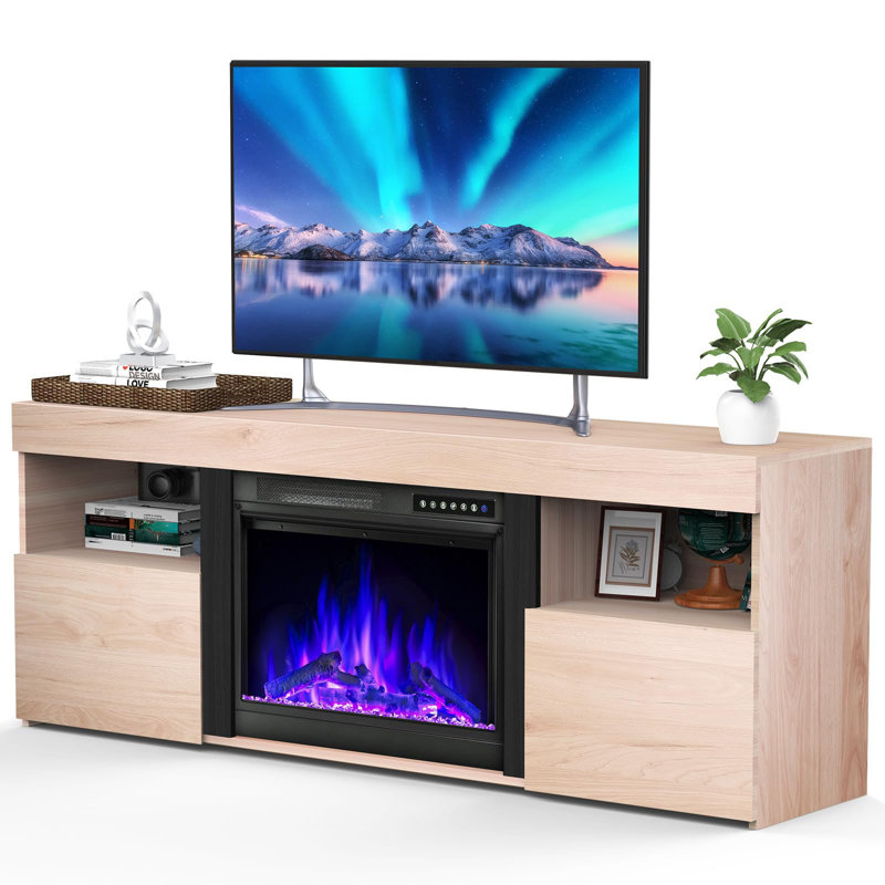  Meuble télé pour téléviseur de 60 po ou moins avec foyer électrique inclus, Pécan