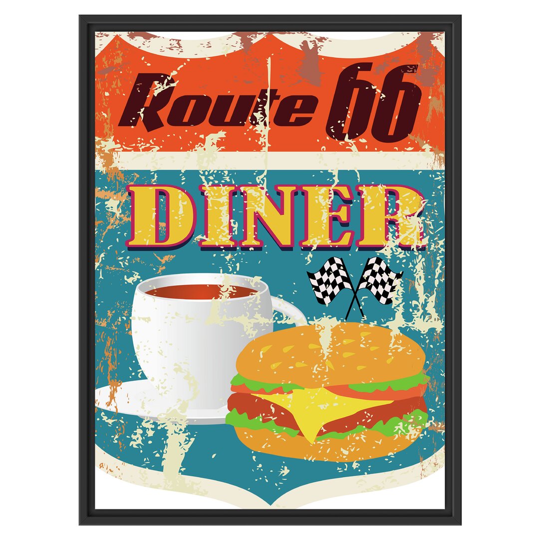 Gerahmtes Wandbild Altes Route 66 Schild Diner