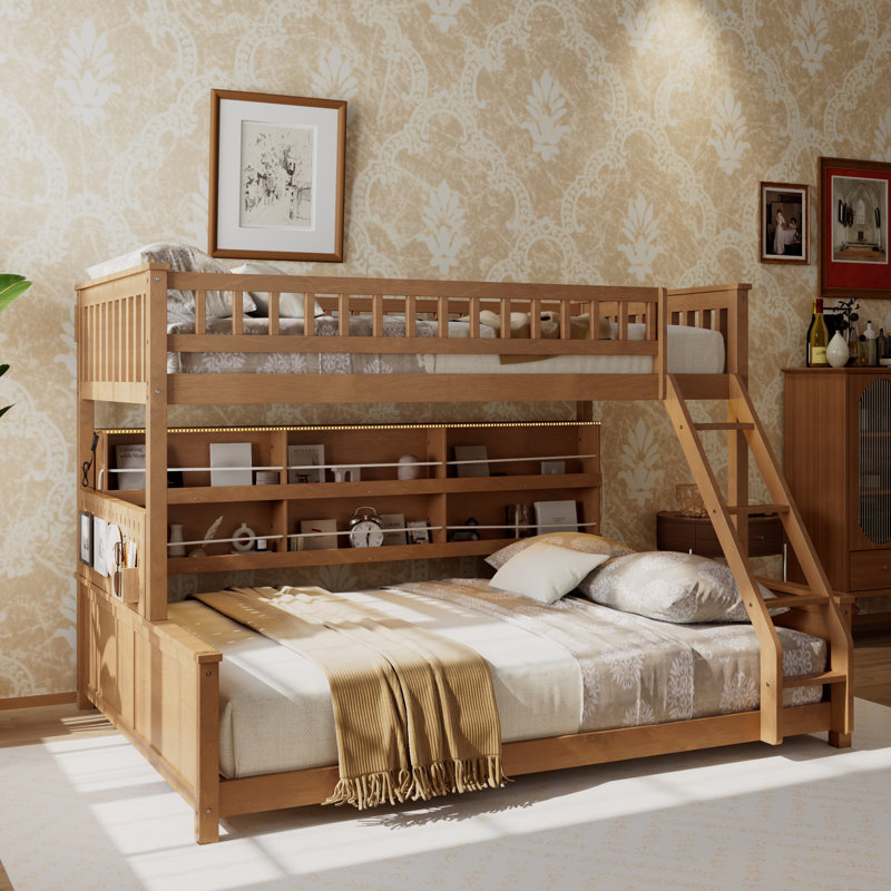 Lit superposé simple au-dessus de grand lit simple avec tablette de rangement, lumières DEL de couleur, panneau perforé, cadre en bois convertible, brun