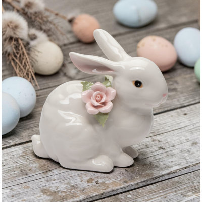 Figurine de lapin avec rose rose - Accroupi - 11,5 cm (4 1/2 po) de hauteur