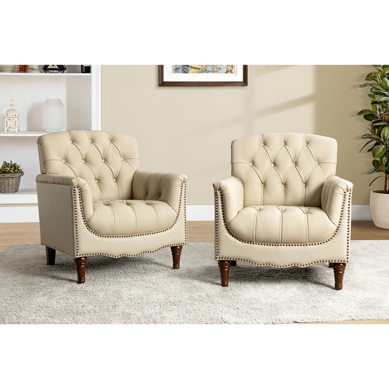 Annja 32" W Tufted Genuine Leather Armchair, Beige