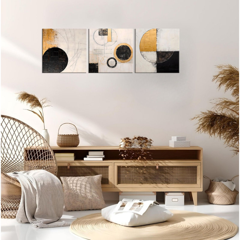 Elegant Decorative Canvas Painting Set (3 Pieces), Gold & Black, 11.8 x 11.8 inches Each | 50% Cotton / 50% Polyester with 100% Wooden Frames (Thickness: 0.8 inches) | Stunning Wall Art for Modern Home Décor