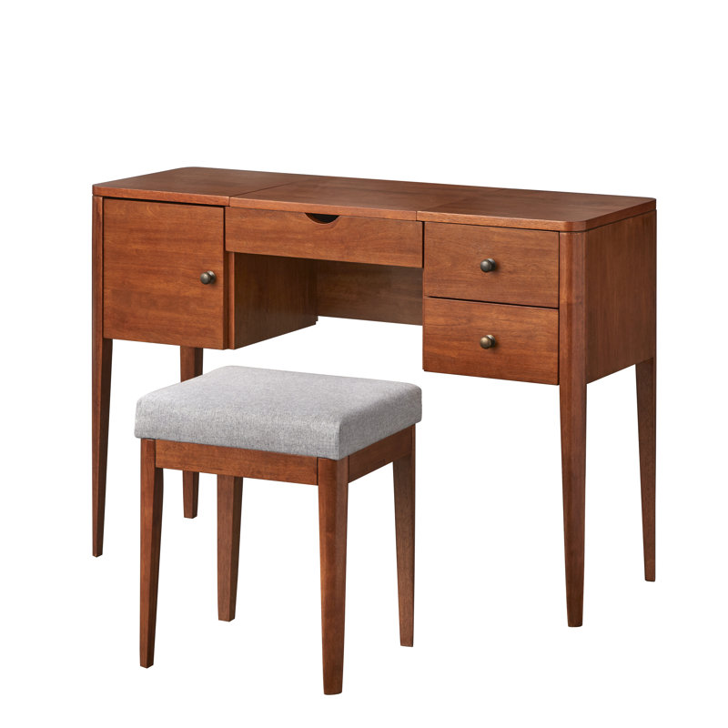Ensemble de coiffeuse avec tabouret et miroir, Chêne
