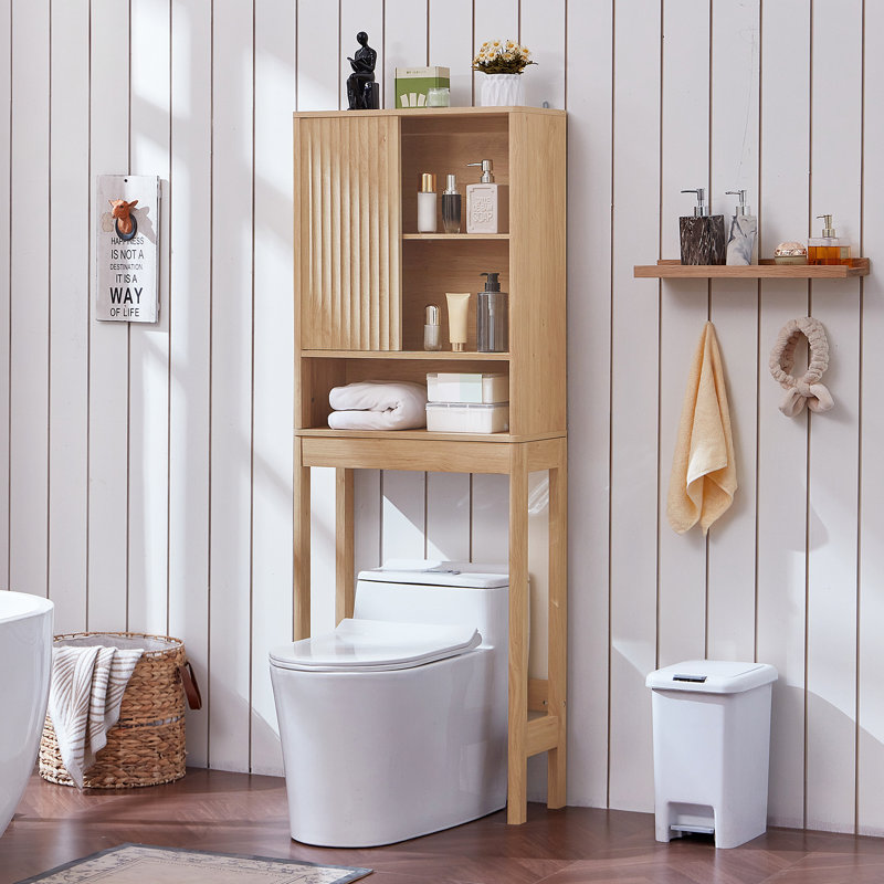 Fluted Over The Toilet Storage Cabinet, Farmhouse Over Toilet Bathroom Organizer With Sliding Door, 68" Tall Freestanding Washer Shelf With Adjustable Shelf & Curved Profile