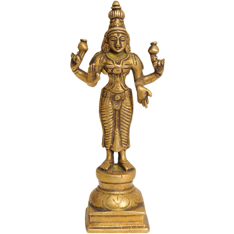 6" Handmade Brass Standing Lakshmi Statue – Four-Armed Goddess of Wealth & Prosperity for Home Temple