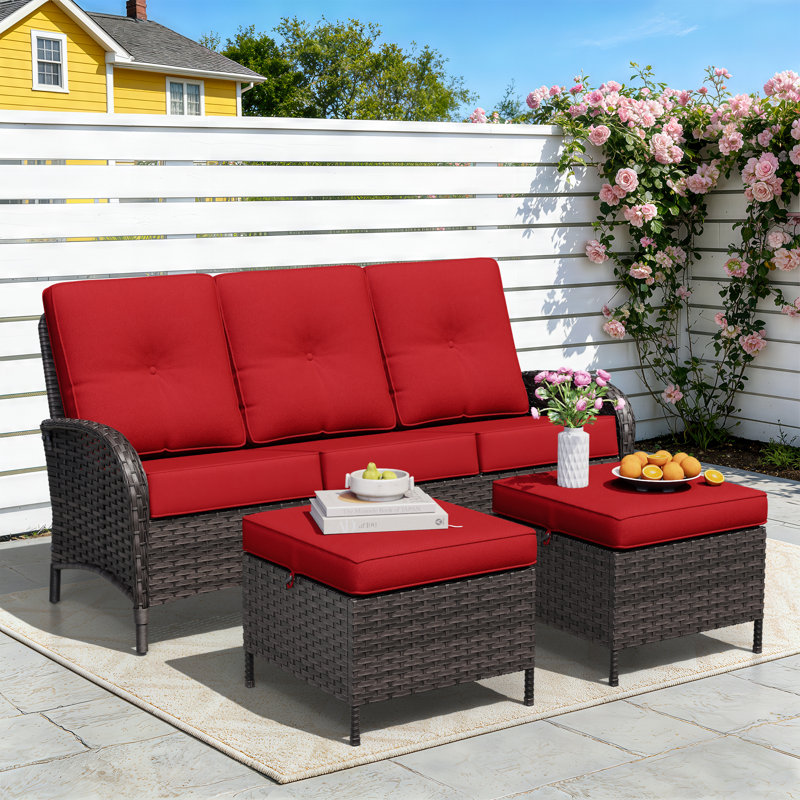 3-Person PE Wicker Outdoor Patio Set With 3-Seat Sofa, 2 Ottomans & Red Cushions, Red