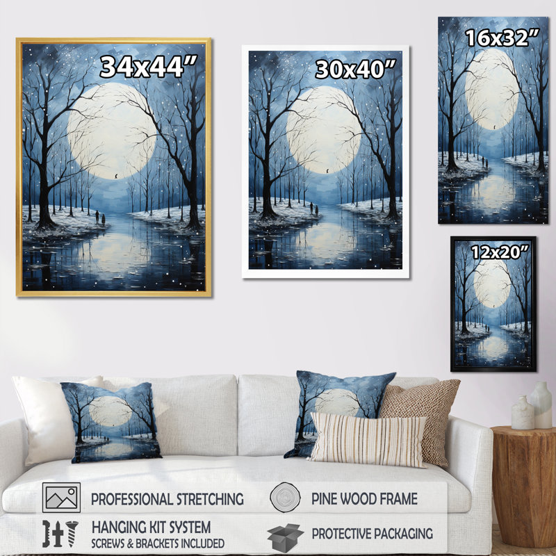 Snow Moon Embrace Pointillism - reproduction imprimée, H 32 po x l 24 po x P 1 po, Cadre flottant doré