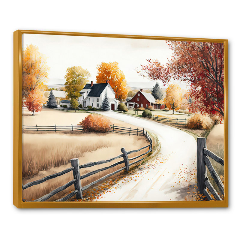 Chemin vers la grange III - art mural paysage de grange, H 30 po x l 40 po x P 1,5 po, Cadre flottant doré