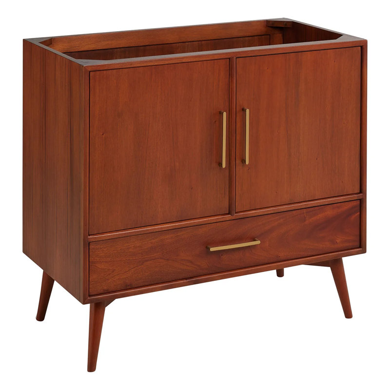 36" Novak Single Bathroom Vanity Set with Oval Undermount Sink, Feathered White Quartz, 8" Widespread, Natural Teak