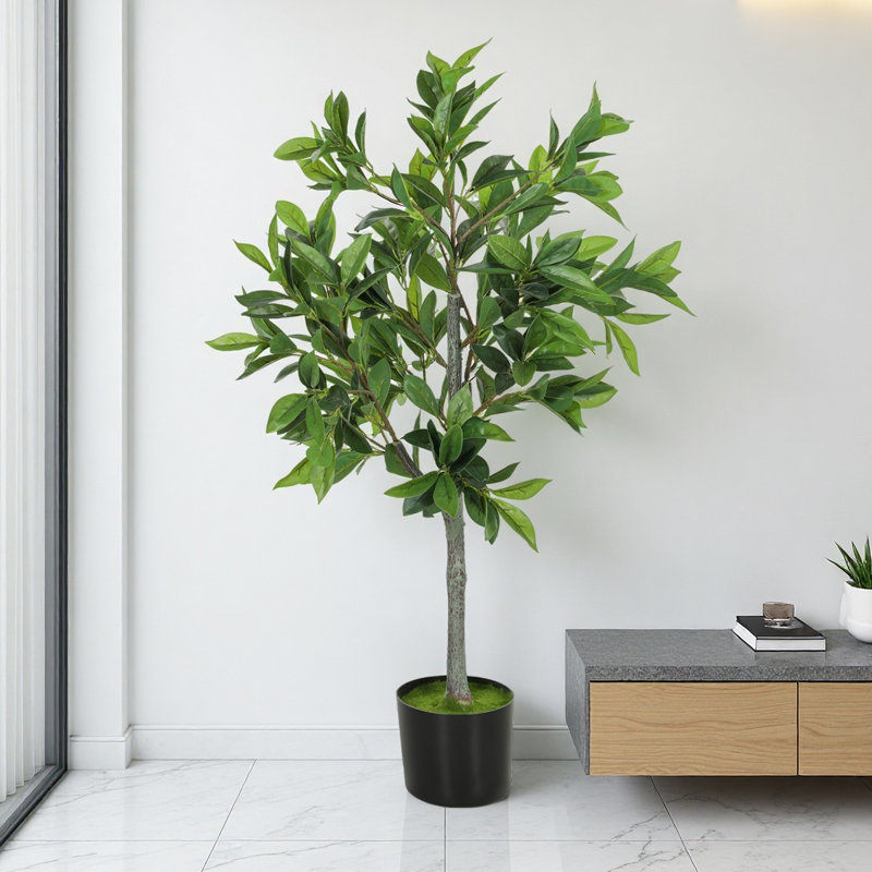 Laurier artificiel en pot Home - Plante réaliste en soie 35,47 "- Vert, sans eau, pot rempli de ciment stable
