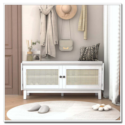 Entryway Bench with Storage, Cushioned Shoe Bench with Double Doors