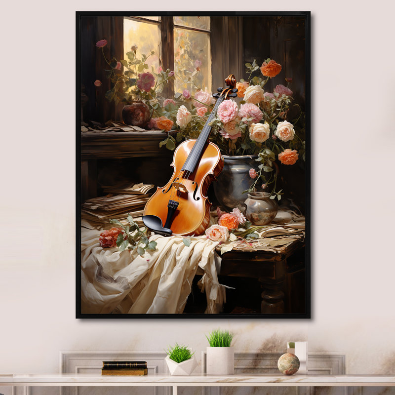 Violon harmonie florale sur toile, Cadre flottant noir, H 32 po x l 16 po x P 1 po