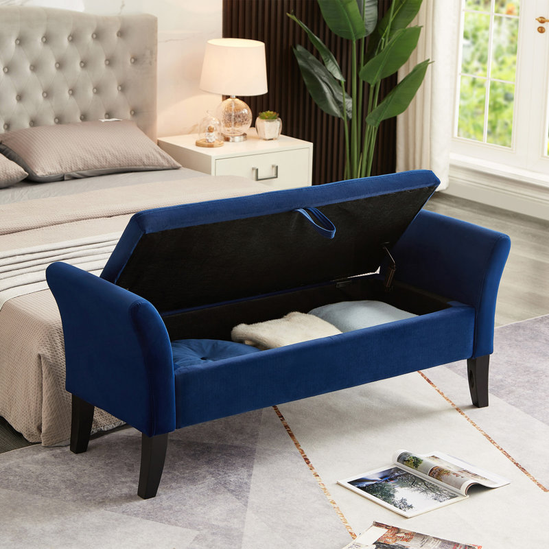 Banc de lit 51,5 po avec rangement en velours bleu marine