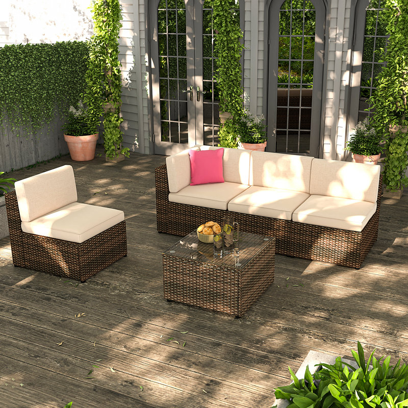 Ensemble de conversation modulaire avec coussins 5 pièces Dorison, Beige, Brun