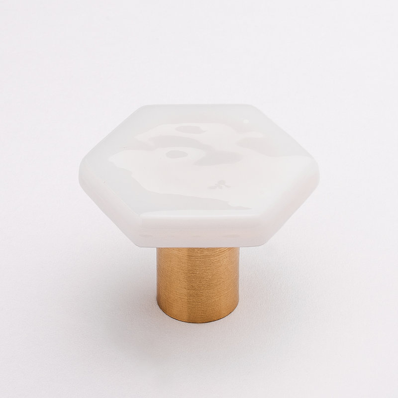 Poignée de meuble décorative blanche hexagonale, Laiton satiné, Verre blanc