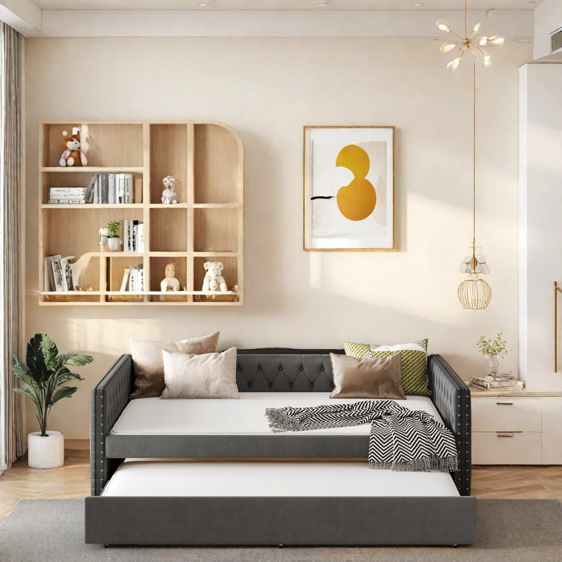 Élégant canapé-lit rembourré capitonné avec accoudoirs carrés à rivets, lit de jour double avec lit gigogne escamotable, structure en bois robuste, canapé-lit capitonné pour le salon et la chambre d'amis