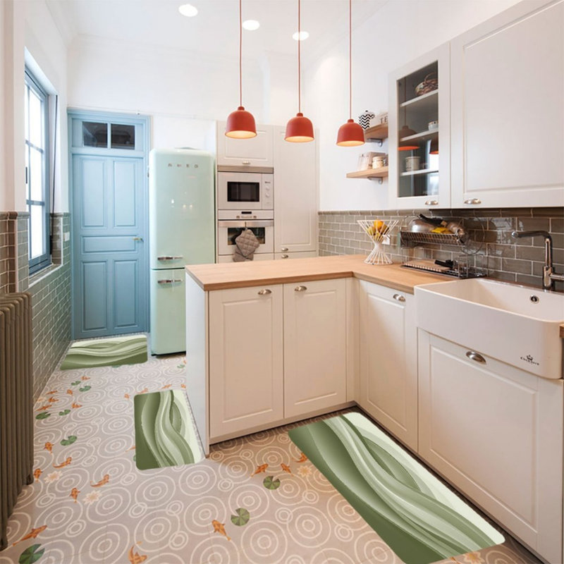 Soft Green Wave 3 Pcs Kitchen Mat For Kitchen, Office, Green Beige