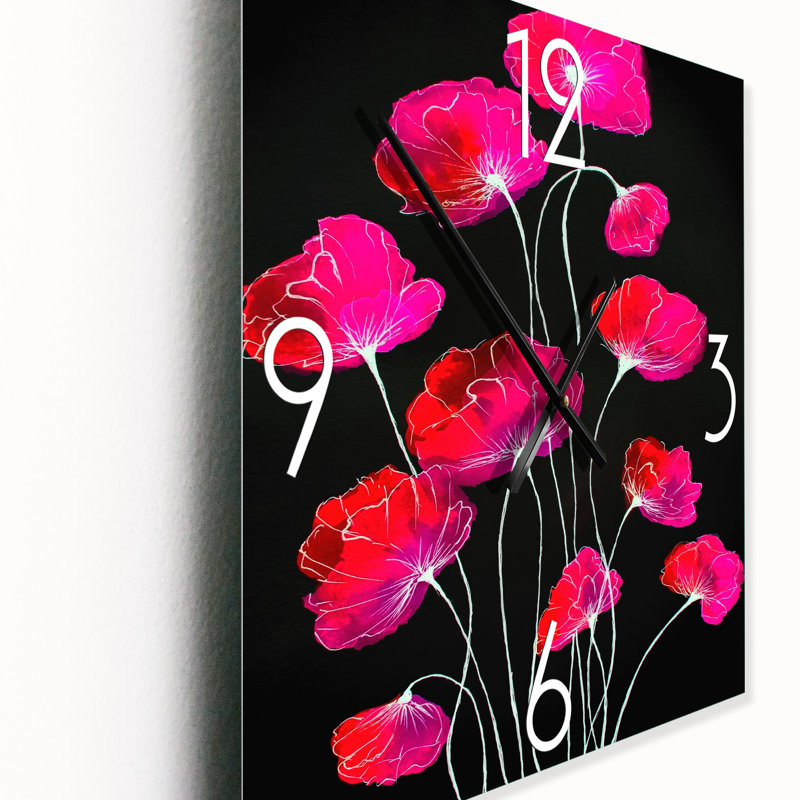 Horloge murale abstraite fleur rouge sur fond noir III, Petit