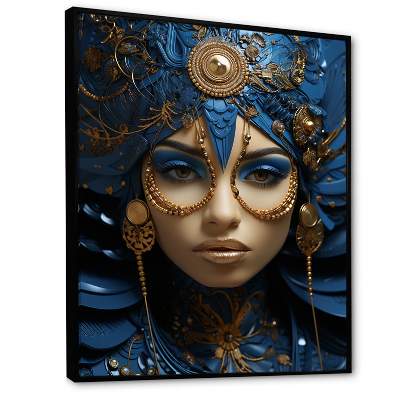 Femme dorée et bleue, portrait de déesse I - déesse, art mural, Cadre flottant noir, H 44 po x l 34 po x P 1,5 po