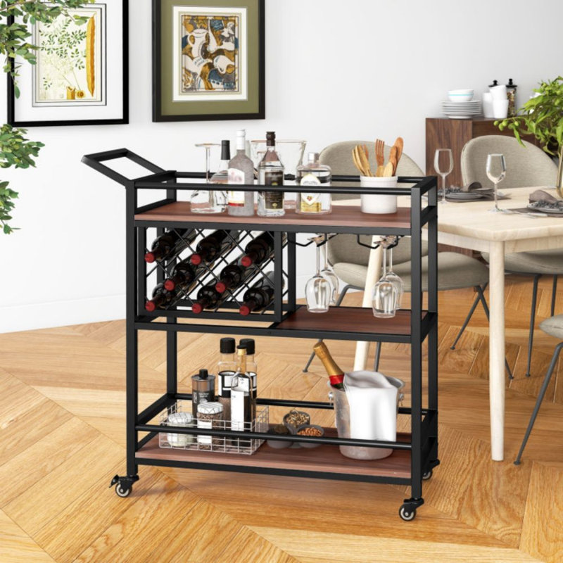 3-Tier Bar Cart On Wheels Home Kitchen Serving Cart With Wine Rack And Glasses Holder, Brown