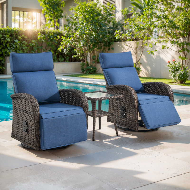 Esquer 3 - Pieces Outdoor Wicker Poolside Reclining Swivel Chaise Lounge With Adjustable Recliner And Side Table, Blue