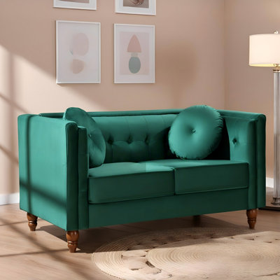 Causeuse Chesterfield compacte avec velours écrasé et accoudoirs carrés