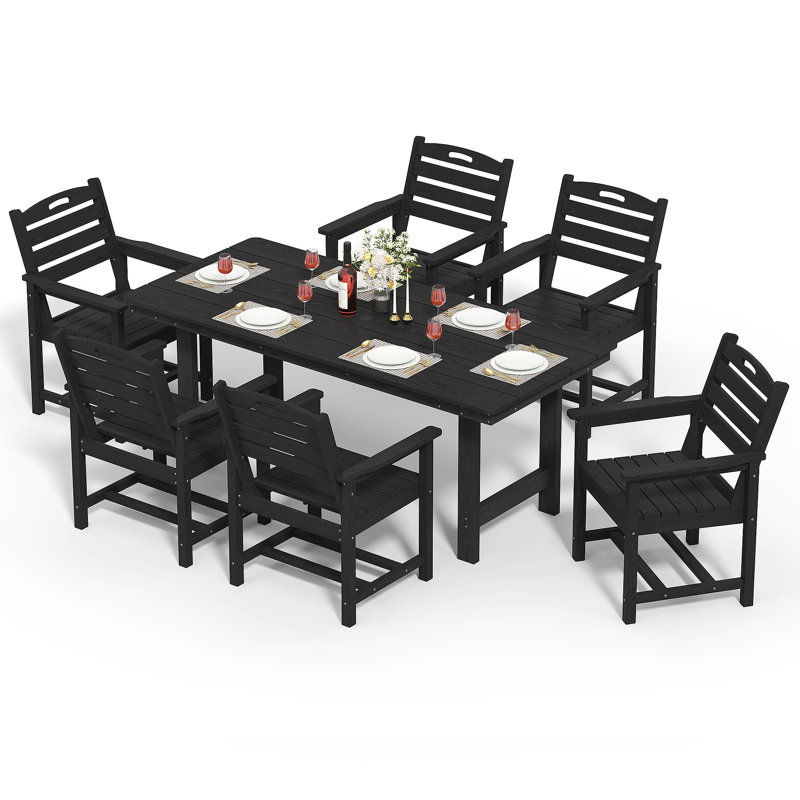 6-Person Outdoor Patio Dining Set with Umbrella Hole, 66.4'' L Rectangular Table With 6 Chairs For Patio, Garden, Porch, Pool