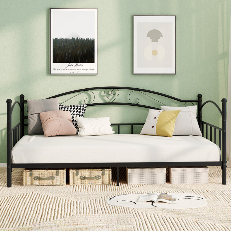 Twin Size Metal Daybed Frame w/ Headboard Heavy-Duty Metal Slats Support