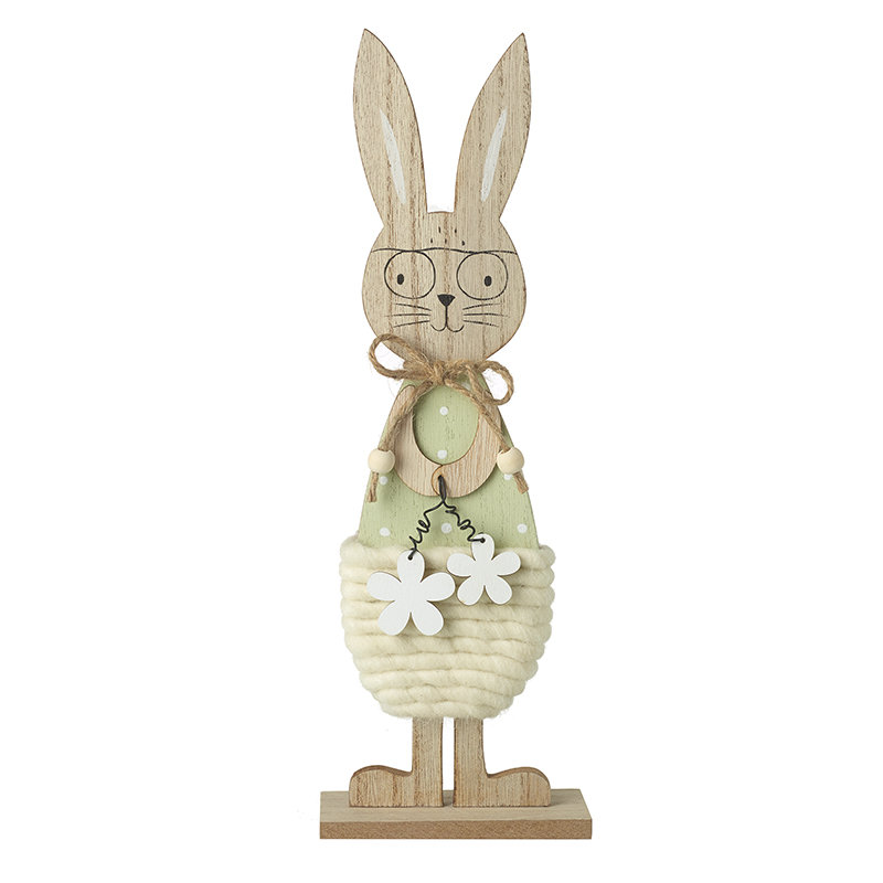 Standing Wood And Wool Rabbit Dec, 31cm x 10cm, Natural/Green