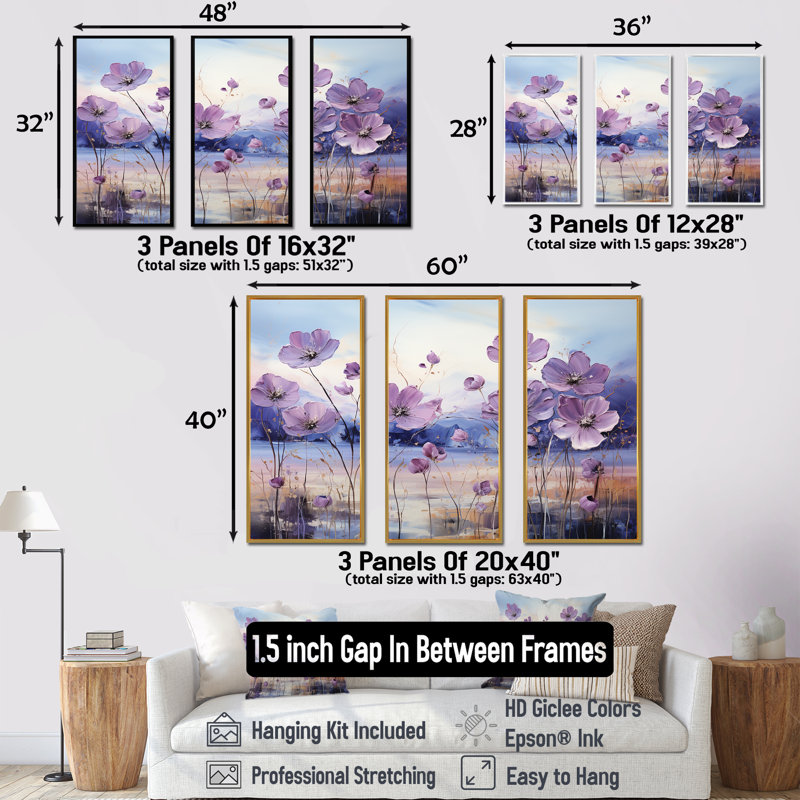 «Violet Flower Meadow Harmony III», ensemble d'art mural sur toile, Cadre flottant noir, H 32 po x l 48 po x P 1 po