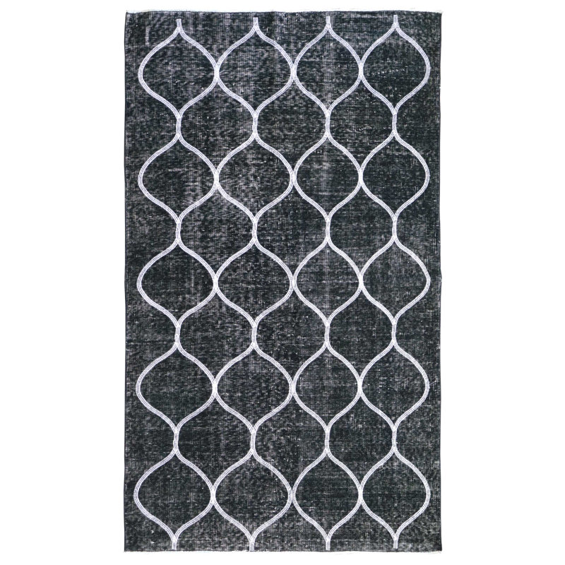 Tapis unique noir, onyx et argent de style brodé 3 pi 11 po x 6 pi 8 po Overdye