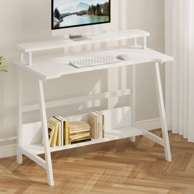 Bureau d'ordinateur avec tablette pour écran surélevé et tablette de rangement ouverte, poste de travail de bureau à domicile en métal pour adultes