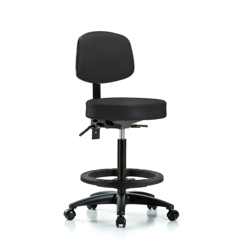 Sybil Backed Adjustable Height Ergonomic Lab Stool with Footring Pedestal Base, Not Included, Casters, Black