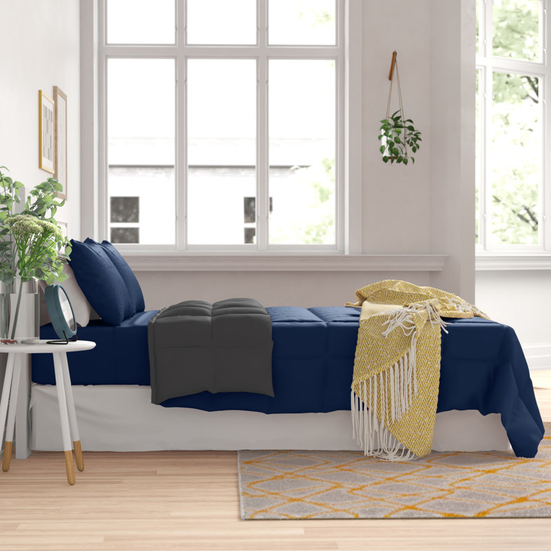 King Dark Blue and Grey Reversible Microfiber Bed-in-a-Bag Set