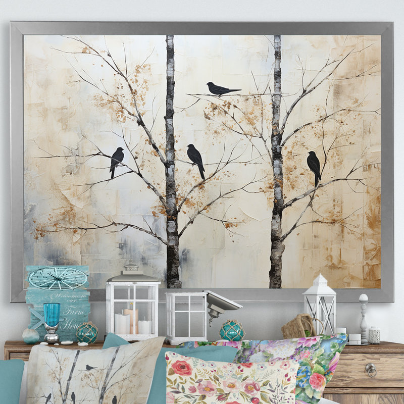Minimalisme, oiseaux monochromes sur branche III sur toile, H 24 po x l 32 po x P 1 po, Cadre simple argenté