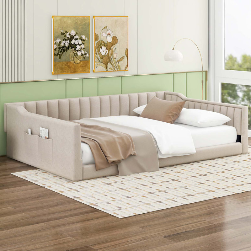 Upholstery Daybed and Side Storage pocket, Beige, Full/Double