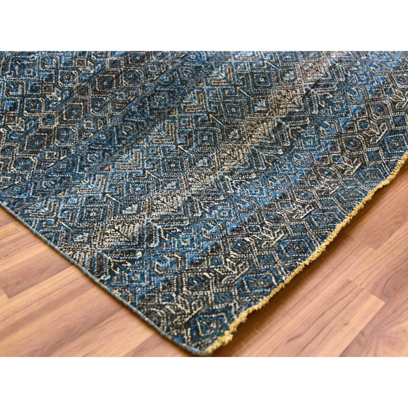 Tapis bleu en laine noué à la main 8 pi x 10 pi Yale