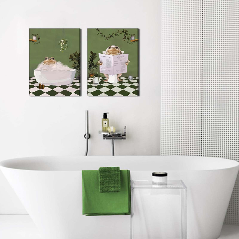 Funny Bathroom Frog Wall Art Set Of 2, Funky Frog In Bath Wall Decor, Eclectic Animal Poster Canvas Prints Maximalist Green Bathroom Decor Pictures Aesthetic Framed