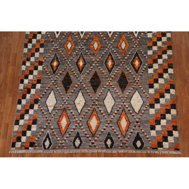 Tapis unique gris anthracite / orange en laine nouée à la main 6 pi 10 po x 9 pi 10 po New Age