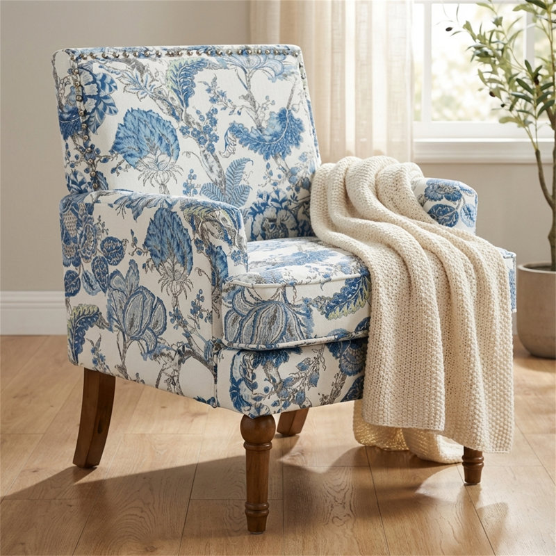Chaise décorative à motif floral, fauteuil clouté, fauteuil rembourré avec pieds en bois massif