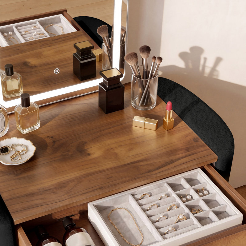 Ensemble coiffeuse 31,5 "avec miroir lumineux pour chambre, Noir