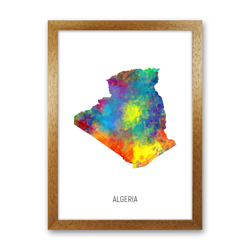 Algeria Watercolour Map by Michael Tompsett - Print, Brown Framed, 88cm H x 64cm W x 3cm D