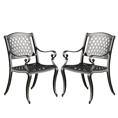2 Cast Aluminum Dining Chairs - Black, Mesh Design, For Patio, Deck, Backyard Use Of 2 Weather , Patio Deck