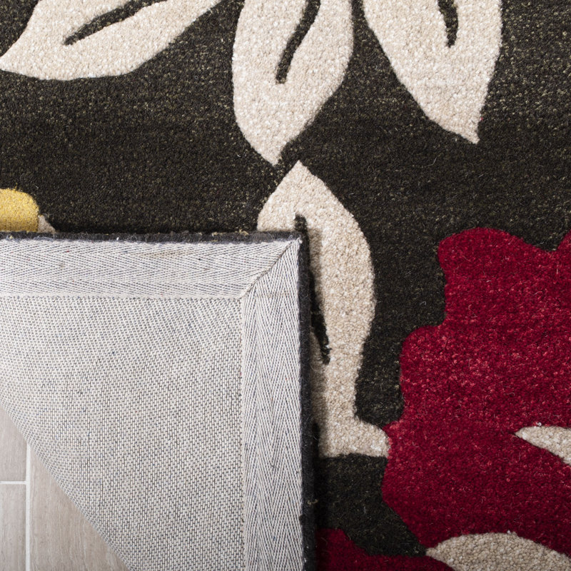 Tapis floral brun / jaune / rouge en laine / viscose touffeté à la main Aalst Soho, Tapis de couloir 2 pi 6 po x 6 pi